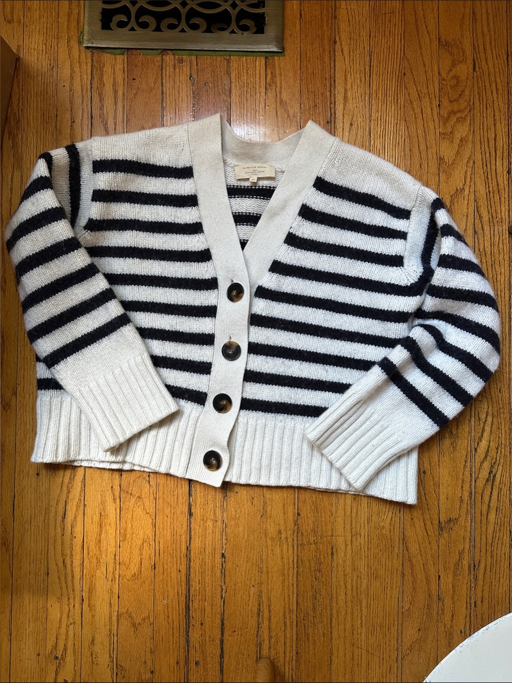 Sezane “Wilson” Blue and White Striped V‑Neck Button Cardigan